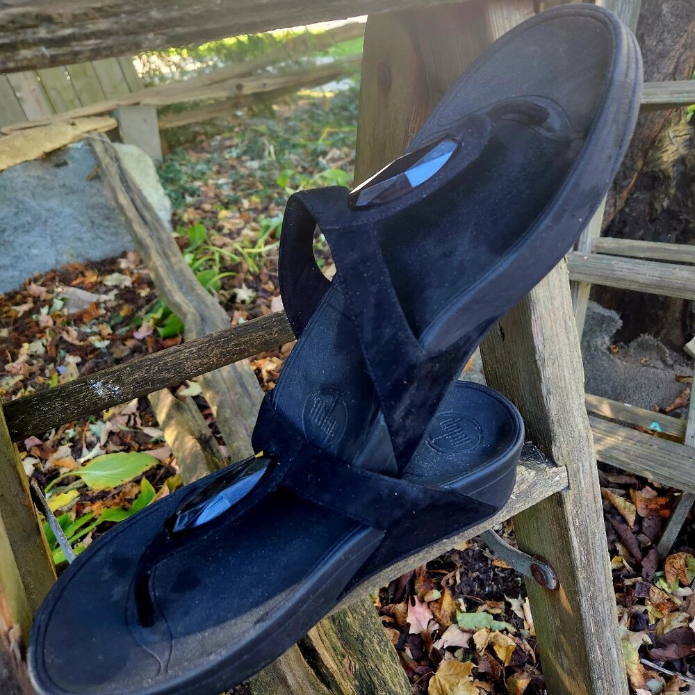 Fitflop Black-Gem Embellished Suede Wedge Platform Sandals Women's Size 9